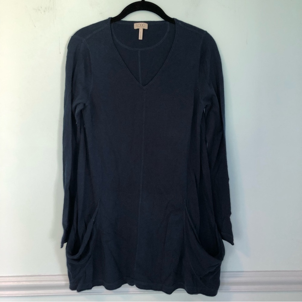 LOGO Blue Long Sleeve Cotton & Cashmere Sweater with Front Pockets Size Small